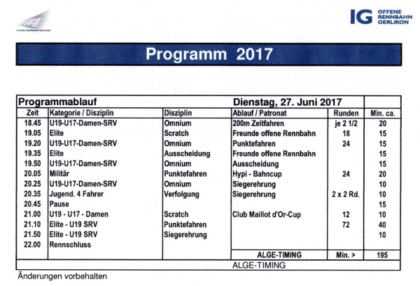Offene Rennbahn Oerlikon: Vielfältiges Programm am 27. Juni 2017 mit der SRV-Meisterschaft