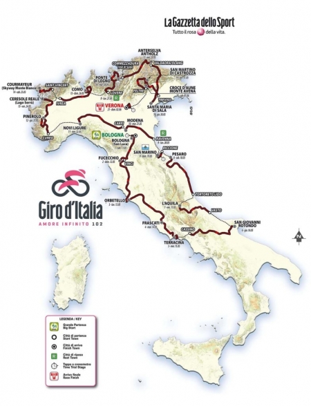 102. Giro d’Italia 2019 mit 3 Zeitfahren und 5 Bergankünften und 3’518 Km lang