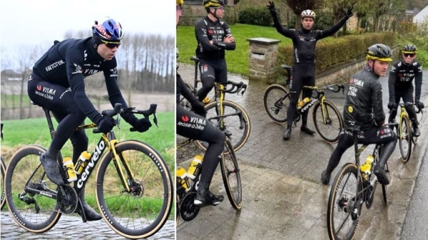 Wout van Aert mit Kollegen testen Rennvelo in der Hölle des Nordens
